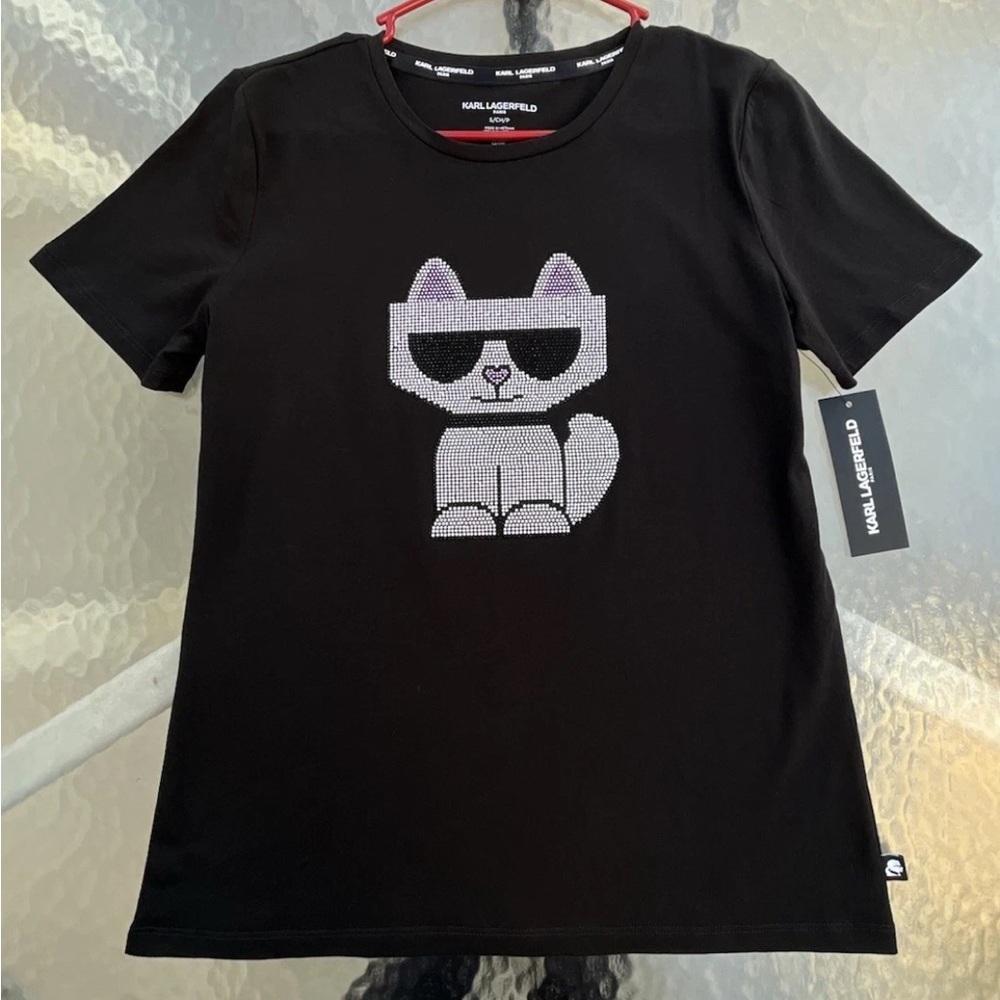 NWT Karl Lagerfeld Choupette Cat Rhinestone sequin tee